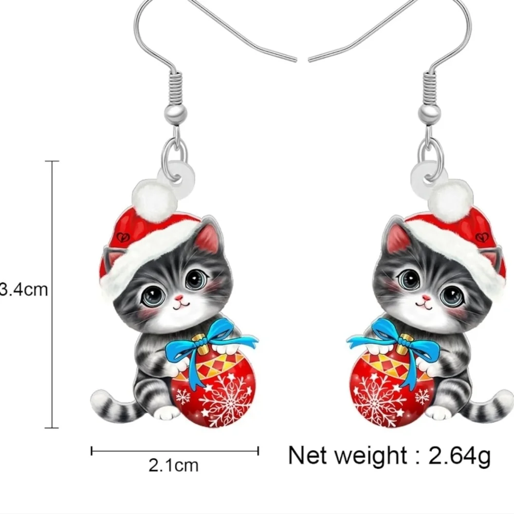 Festive Cat Earrings - Red and Gray